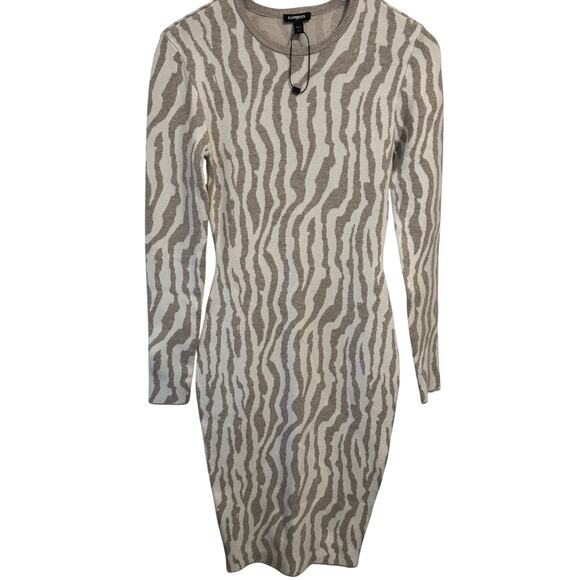 Express BODYCON taupe & ivory zebra print sweater dress NWOT - Picture 1 of 8